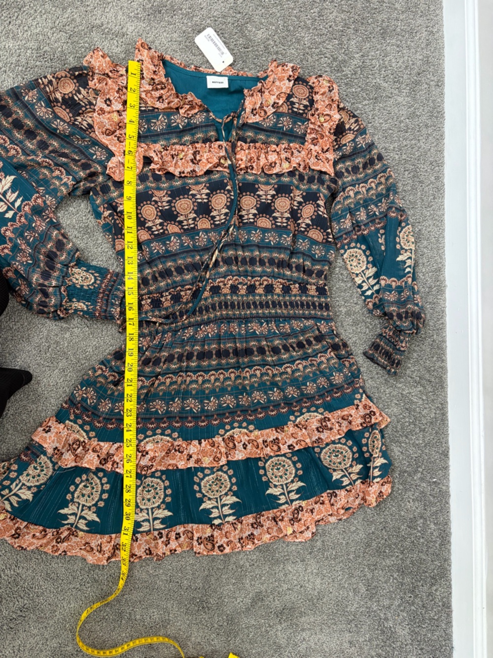 NWT AUREUM Teal and Peach Ruffled Long-Sleeve Tiered Mini Dress - Picture 8 of 9